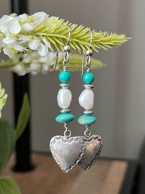Turquoise & FW Pearl Sterling Silver Heart Drop Earrings Vintage